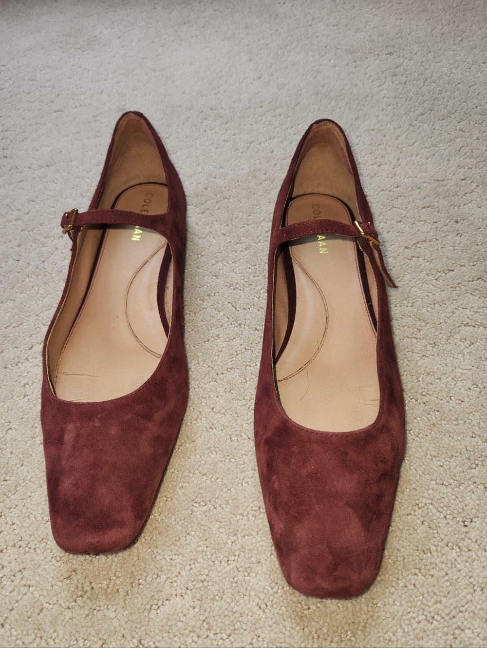 Cole Haan Burgundy Suede Mary Jane Flats with Gold Buckle